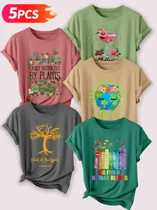 5PCS Plant & Positive Themed Women's Casual Short Sleeve Crew Neck Cotton Womenswear T-Shirt Set – Bestselling Graphic Print, Multicolor, Machine Washable Spring & Summer Top, Soft Skin-Friendly Fabric, Daily Versatile, Fashion Design