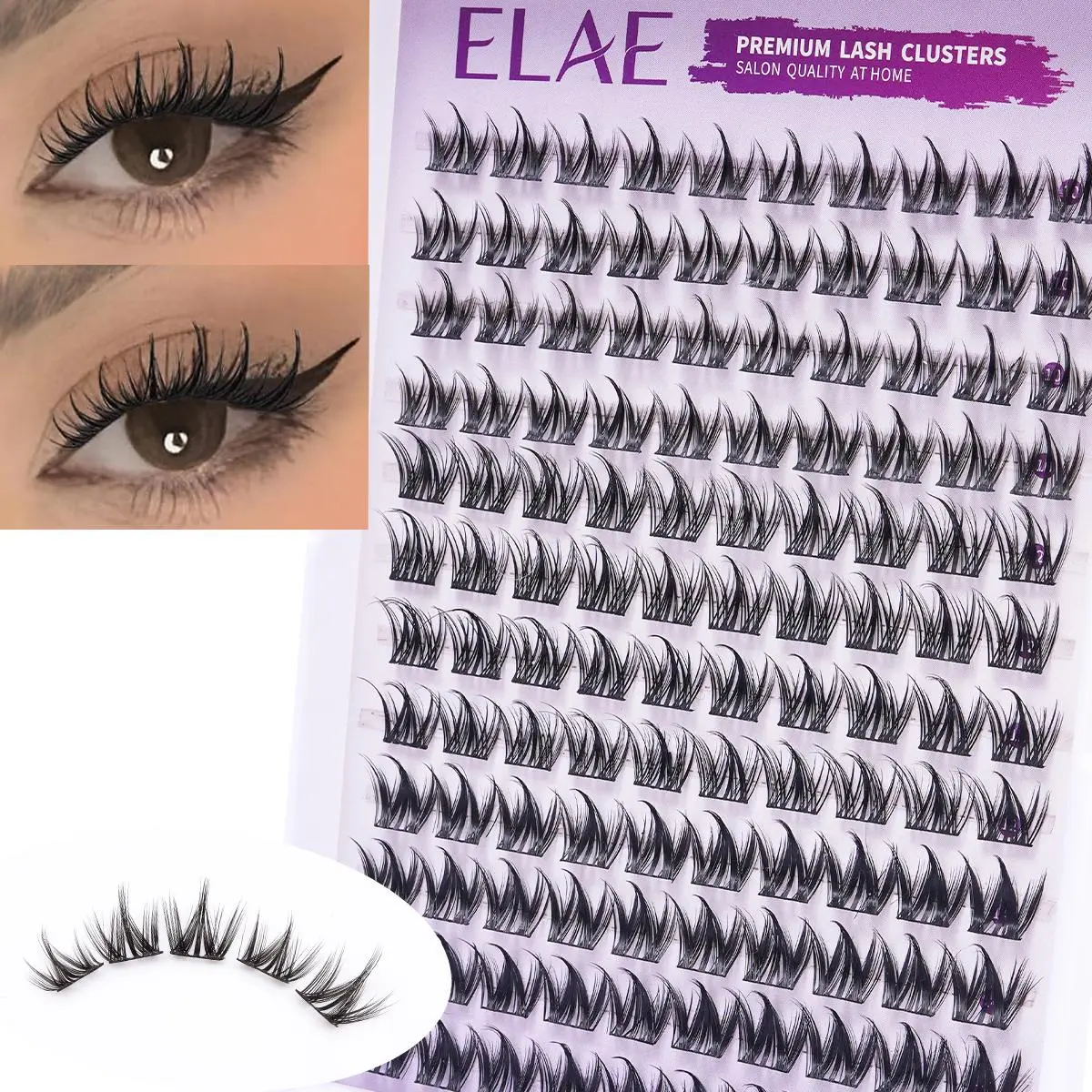 ELAE D Curl Fluffy Eyelashes Cluster, 120 Pcs 0.03mm Natural Wispy DIY Lash Bond Clusters False Eyelashes & Adhesives, Soft Cotton Band Mixed 10-14mm for Fox Eye Makeup, 0.03 Mm