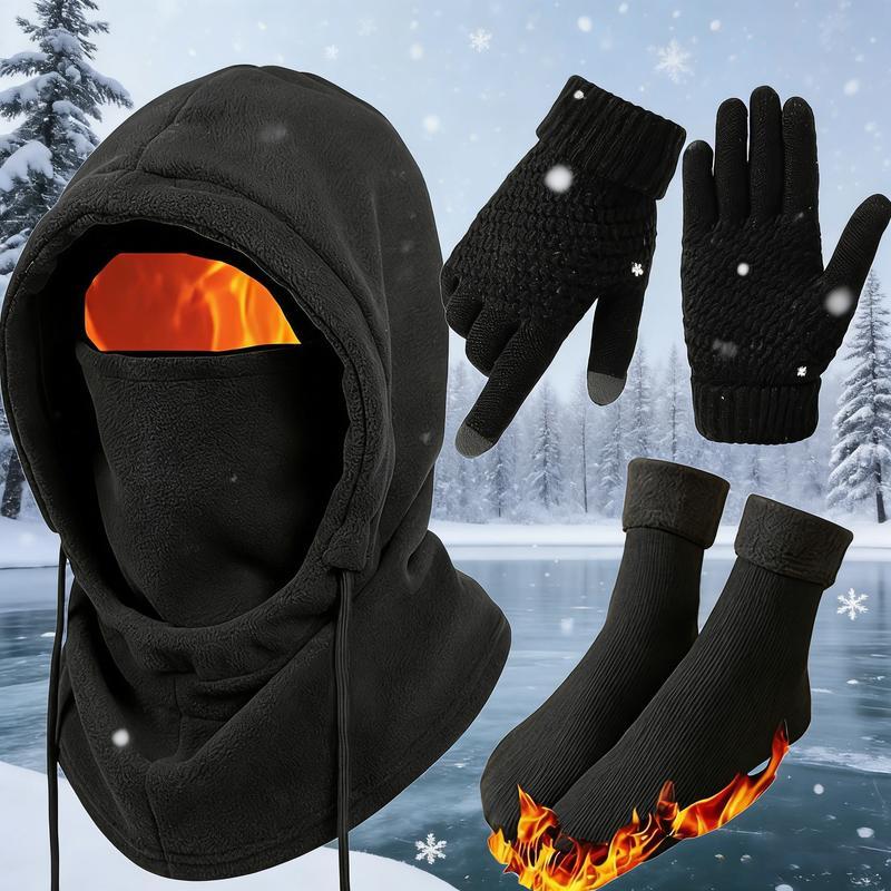 3 or 4-Piece Winter Warmth Set - Windproof and Warm Full-Face Mask Hooded Jacket, Gloves, and Thermal Socks - Extreme Cold Weather Gear for Skiing, Cycling, Snowboarding - Unisex for Adults (Hand Washable) - Ideal Christmas and New Year Gift