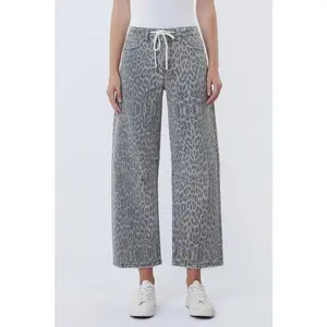Women's Cropped Vervet Grey Leopard Print Cotton Drawstring Barrel Jeans - Casual Fit Streetwear Style Pants, Trendy Women's Casual Clothes