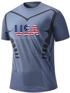 Usa Print Quick-Dry Short Sleeve T-Shirt, Geometric Pattern, Breathable Mesh Design, Slim-Fit, Sporty Style, Summer Wear for Men