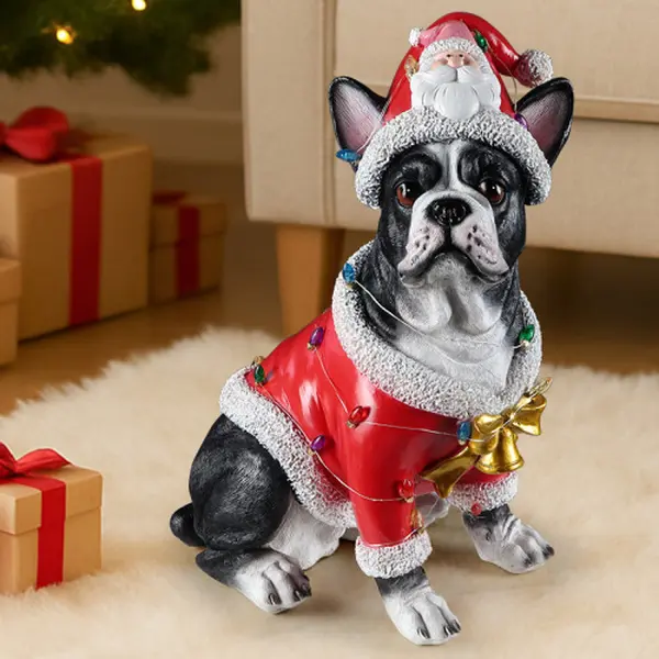 LED Light-Up Santa French Bulldog Resin Statue - Indoor Outdoor Garden Home Christmas Decor, Holiday Gift for French Bulldog Lovers funny decoration