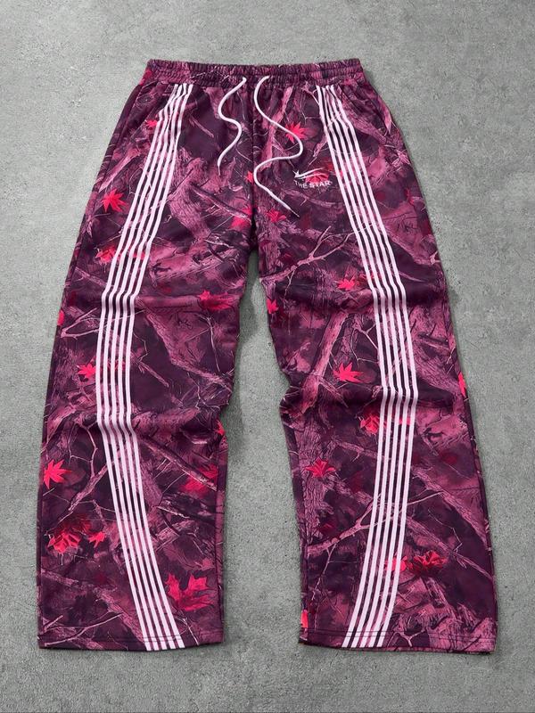 Men's Letter & Star & Striped Print Drawstring Waist Sweatpants, Regular Fit Casual Street Elastic Waist Straight Leg Trousers for Fall & Winter, Sports Casual Pants, Men's Bottoms for Daily Wear