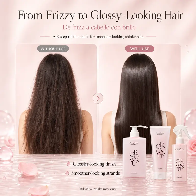 3-Step Glassy Hair Complete Routine Set for Dry, Damaged & Frizzy Hair | Marine Peptide, Ceramide, Keratin & Collagen | Shampoo + Treatment + Leave-in Spray with Heat Protection | GROWUS