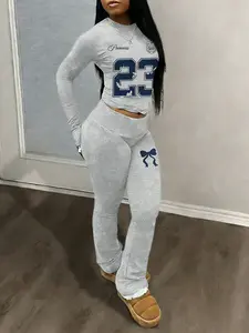 Popular TikTok Y2K Princess Vibe Style 2023 Printed Casual Set - Light Grey Long Sleeve Top & Bow Print Flared Pants Two-Piece Set, French Cute Style Casual Outfit, Matching