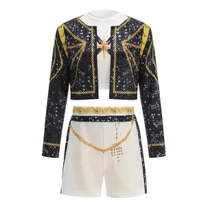 Girls' Trendy Stage Outfit 3pcs Set, Ages 4-12, Black Golden Sequin Print Short Jacket, Chain-Decorated Black And White Shorts, Star Logo Contrast Cross-Strap Tank Top, Girls' Performance, Holiday Party Wear
