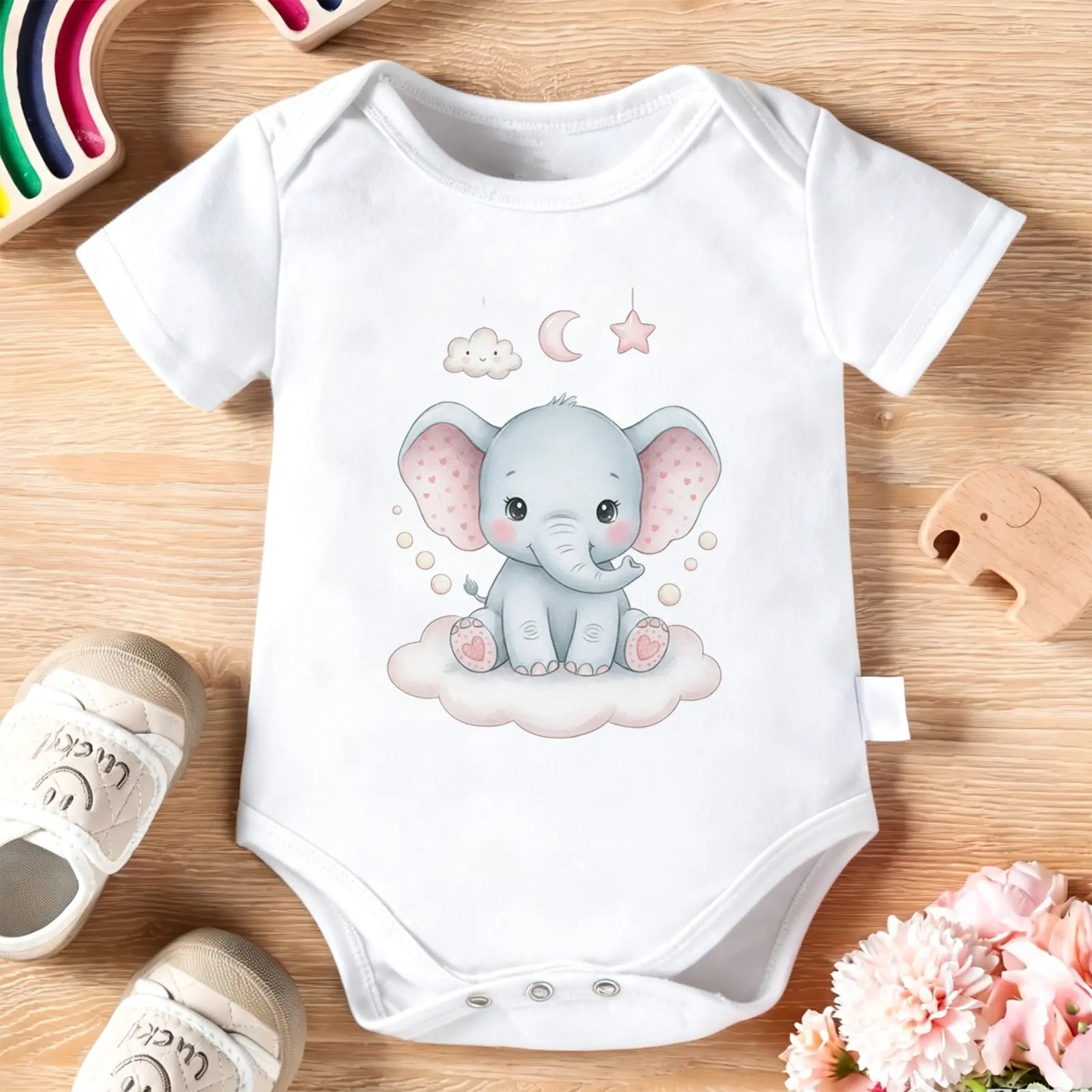 Watercolor Baby Elephant Baby Bodysuit – Funny Infant 2026 Newborn Clothes, 100% Cotton Jumpsuit for Baby Boys & Girls. Casual Romper with Letter Pattern, Short Sleeve Onesie for Indoor & Outdoor Wear. Perfect Baby Gift