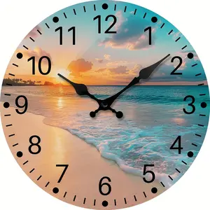 10 inch A Silent Wall Clock Featuring a Sunset Beach Scene, Perfect for Home Decor And As a Gift, Requires AA Batteries (Not Included)