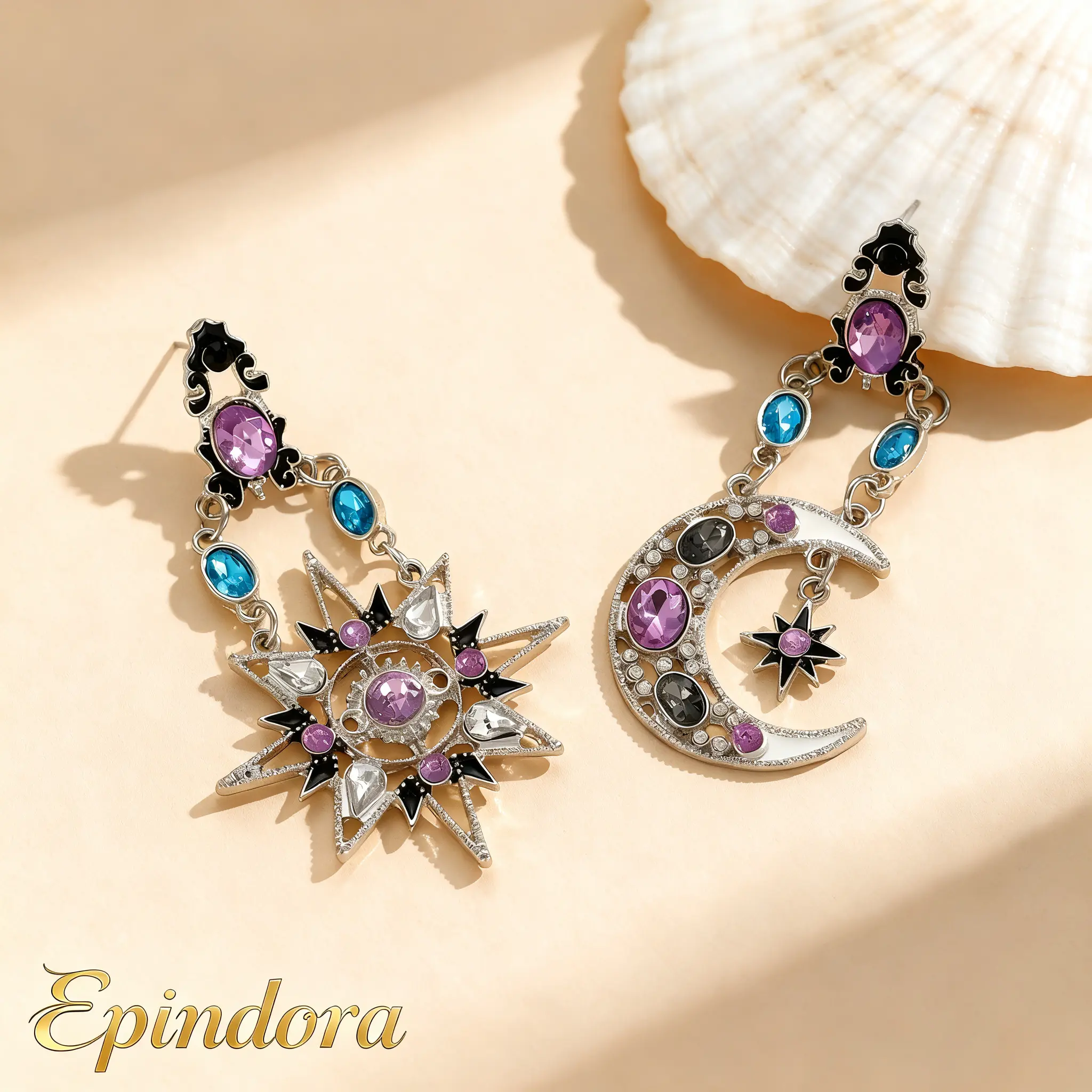 Epindora Asymmetrical Celestial Sun & Moon Crystal Dangle Earrings with Crystal Accents, 15.6G