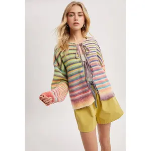 Taffy - Front Tie Rainbow Striped Cardigan