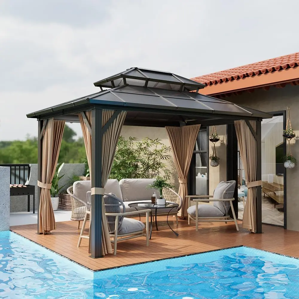 Garvee 10x12 Hardtop Gazebo with Double Polycarbonate Roof, Durable Aluminum Frame, Curtains, and Mosquito Netting - All-Season Outdoor Pavilion for Patio, Backyard, and Garden Sunshade Shelter in Khaki