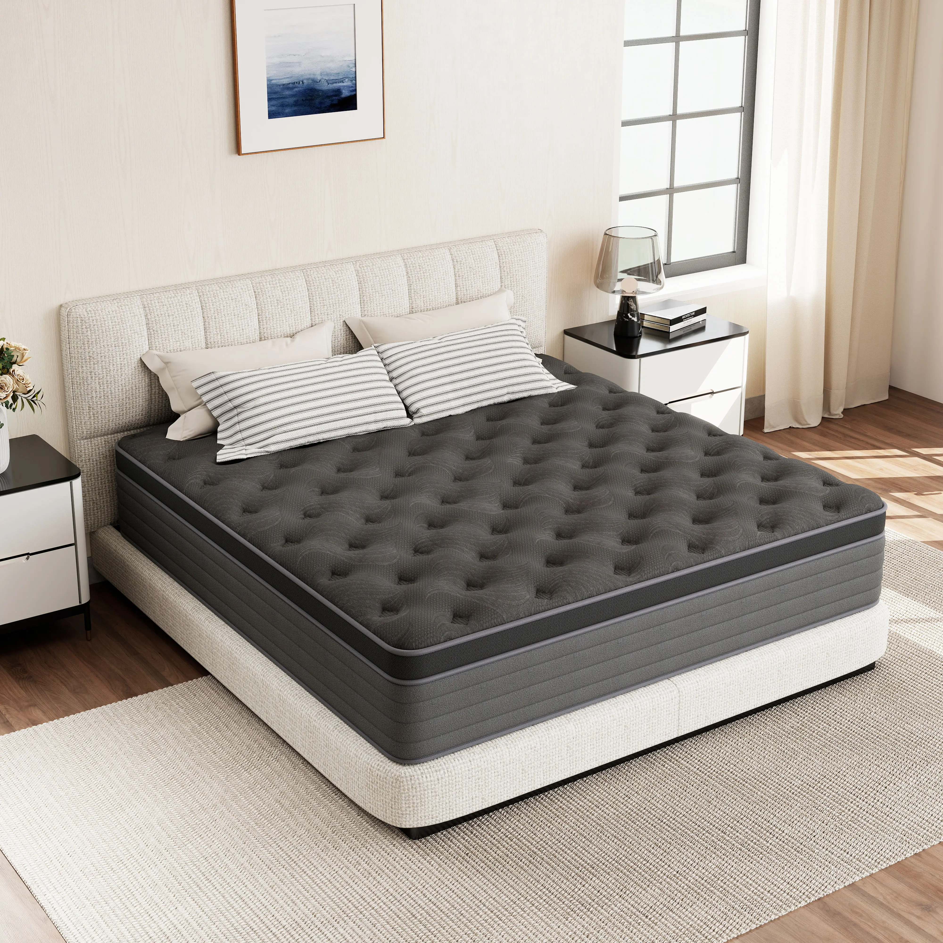 【summergarden】12-inch/14-inch Pocketed Coil Mattress, Twin/Full/Queen/King, Medium Firmness, Lumbar Support, Edge Reinforcement, Ergonomic Design, Fiberglass-Free, Suitable for Homes and Hotels