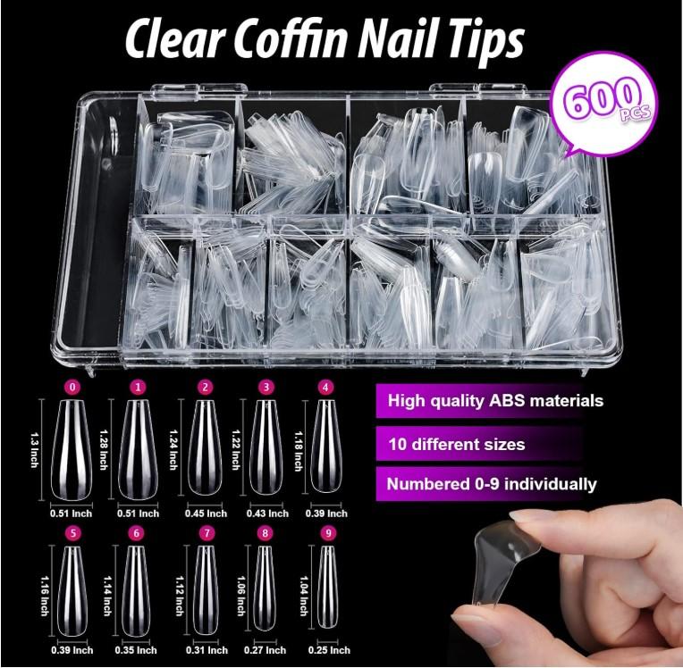 600 Pcs Clear Coffin Nail Tips, Acrylic Nail Kit, Clear Press On Nails, Long Fake Nails Coffin Nail Tips Full Cover, Acrylic Nail Clipper Nail Stand for Nail Extensions