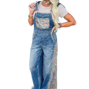Floral Patchwork Denim Wide Leg Overalls for Women, Casual Bib Overalls for Daily Vacation