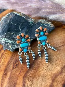 Handmade Sterling Silver Kingman Turquoise with Orange Mojave Post Dangle Beaded Earrings "Signed Nizhoni"