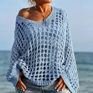 Women's Crochet Knit Sweater Hollow Out Long Sleeve Pullover Slouchy Off Shoulder Oversized Beach Cover Up Tops - Mother's Day Gift