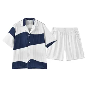 Men's V-Neck Short Sleeve Co-Ord Set with Artistic Curved Print Soft Vertical Texture Fabric Fashionable Matching Ensemble Perfect for Modern Men's Summer Wardrobe