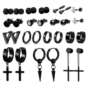 OIDEA 14 Pairs Black Stud Hoop Earrings Set Stainless Steel Hypoallergenic Multi Shape Earrings for Men Women Punk Hip Hop