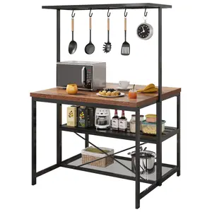 3-Tier Kitchen Island Table with Microwave Stand, Open Storage Shelf and 5 Side Hooks, Multifunctional 42 Inch Kitchen Storage Cabinet for Dining Room Living Room