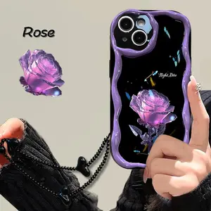 Purple rose pattern silicone soft case for iPhone 17 16 15 14 13 12 11 X 8/7 Samsung Galaxy S25 S24 S23 S22,with full lens protection and anti-drop features，Comes with a heart-shaped lanyard 995