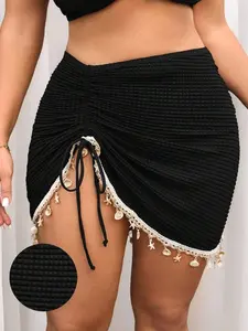 Plus Size Women's Black Summer Beach Vacation Drawstring Ruched Starfish Shell Tassel Skirt High Stretch Knitted Fabric Mini Regular Fit