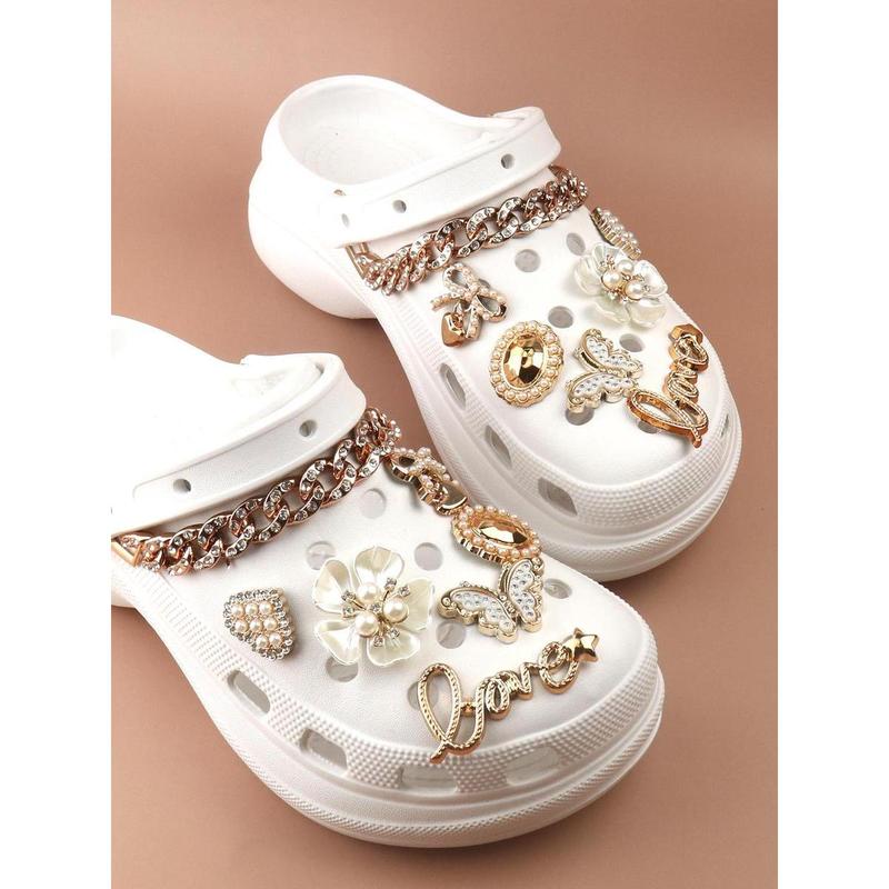 14pcs Fashionable Rhinestone & Letter Decorated Shoes Decorations, Chain & Bowknot Design Shoes Charm Rhinestone Shoes Charms For Vented Clogs Decoration