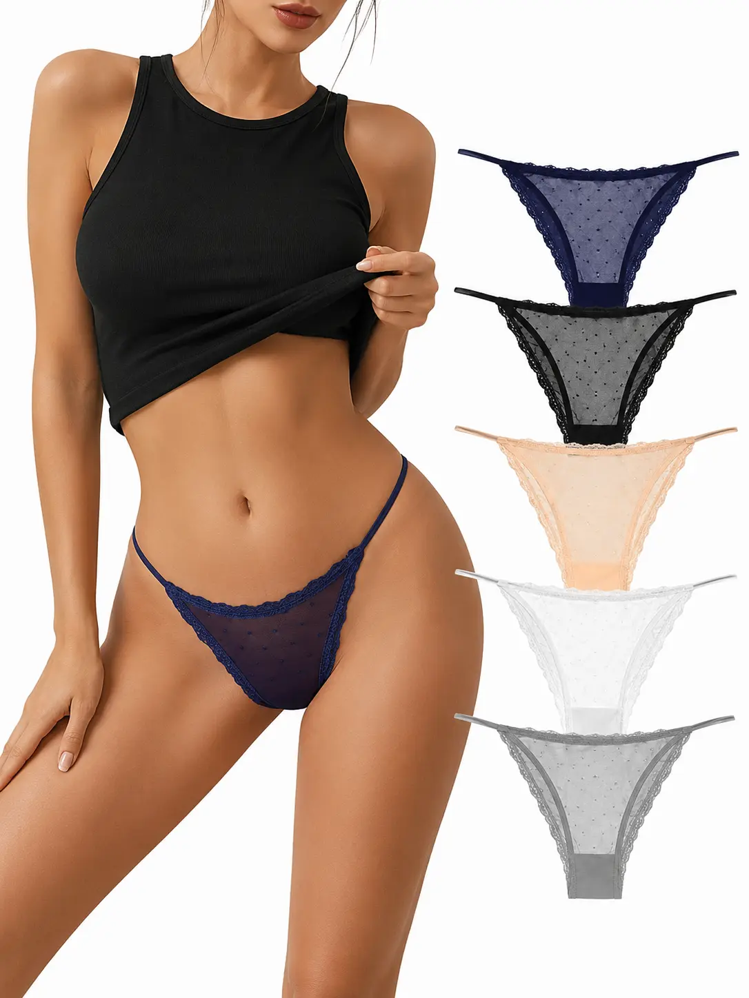 Polka Dot Lace Cheeky Bikini Panties 5 Pack, S, M