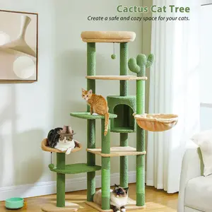59" Cactus Cat Tree, Large Cat Tree for Indoor Cats, Cat Tower for Large Cats, Multi-Level Cat Tower, Cat Condo with Large Hammock, Scratching Post, and 2 Perches