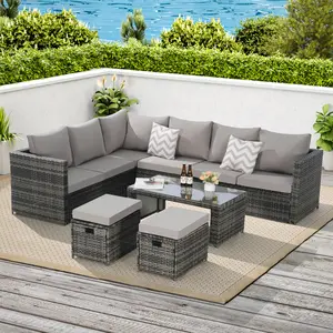 6-Piece All-Weather Wicker Rattan Outdoor Patio Sectional Set, Patio Furniture with Glass Table, Cushions, Pillows for Lawn, Backyard