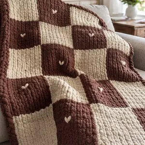 Handmade Brown & Tan Checkered Chunky-knit Throw Blanket