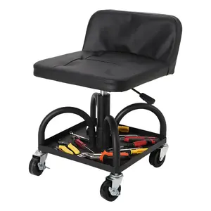 [FLASH SALE] Garvee Rolling Mechanic Stool, 300 lbs Capacity, 16''-21'' Height Adjustable Soft Cushion Steel Frame Tool Tray 360° Lockable Wheels Black Workshop Garage