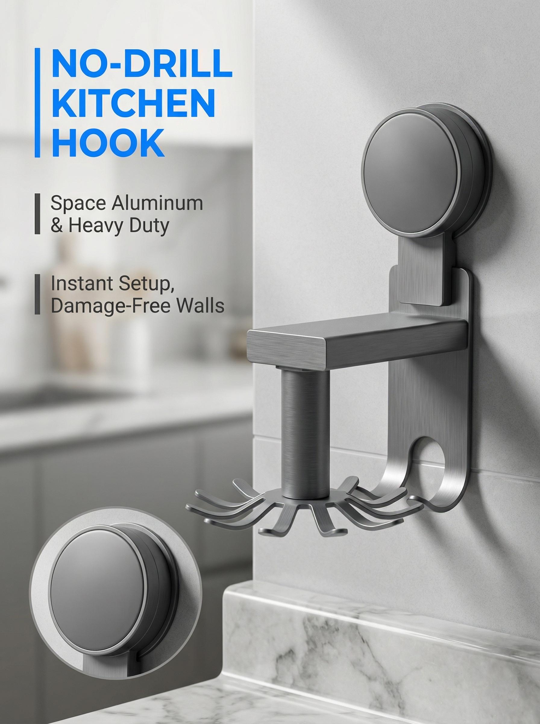 Grade Suction Utility Rack No-Drill Space Aluminum Hook for Bathroom & Kitchen Drill-Free Rotating Storage Hook Rustproof Organizer for Walls Heavy-Duty Suction Power Matte Gray Finish