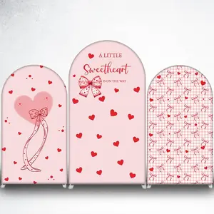 Pink Heart Bow Arch Backdrop Cover for Valentine's Day and Bridal Shower