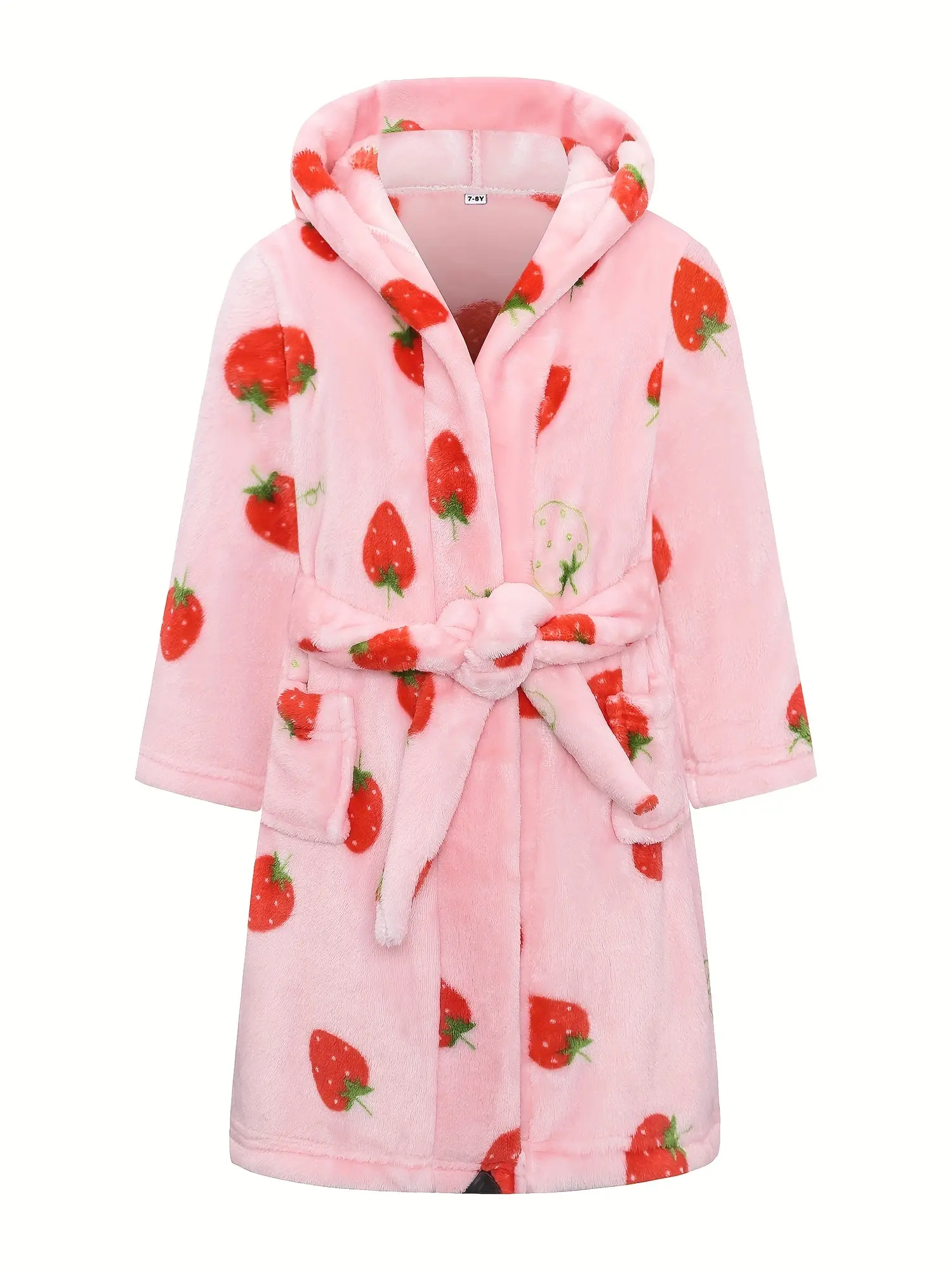 Toddler Girls' Strawberry & Cherry Pattern Polyester Hooded Bathrobe - Pink Ultra Soft Plush Flannel Sleepwear for 4-7 Years, All Seasons Loungewear with Pockets, Waist Belt, Ideal for Bath, Beach, Hooded Robe