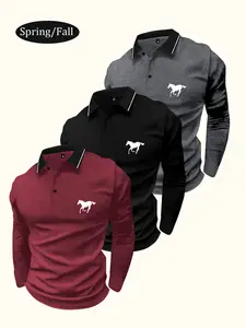 Spring/Autumn Lightweight 3-Pack Long Sleeve Polo Shirt with Collar, Simple Retro White Horse Silhouette Print, Casual Men’s Everyday Outdoor Sports Lightweight Business Outdoor Running Top