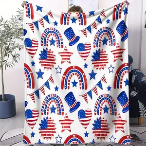 American Themed Flannel Blanket, Red White Blue Rainbow, Star, Heart & Patriotic Hat Pattern Throw Blanket, Soft Cozy Warm Blanket - Lightweight Decorative Blanket, Perfect Gift Blanket for 4th Of July & Patriotic Holiday Celebrations