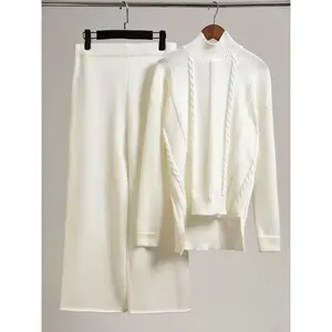 Plus Size Solid Color Twist Rope Round Neck Knit Pullover Sweater Top Pants Set, Casual Fall & Winter, Women's Fashion Clothing