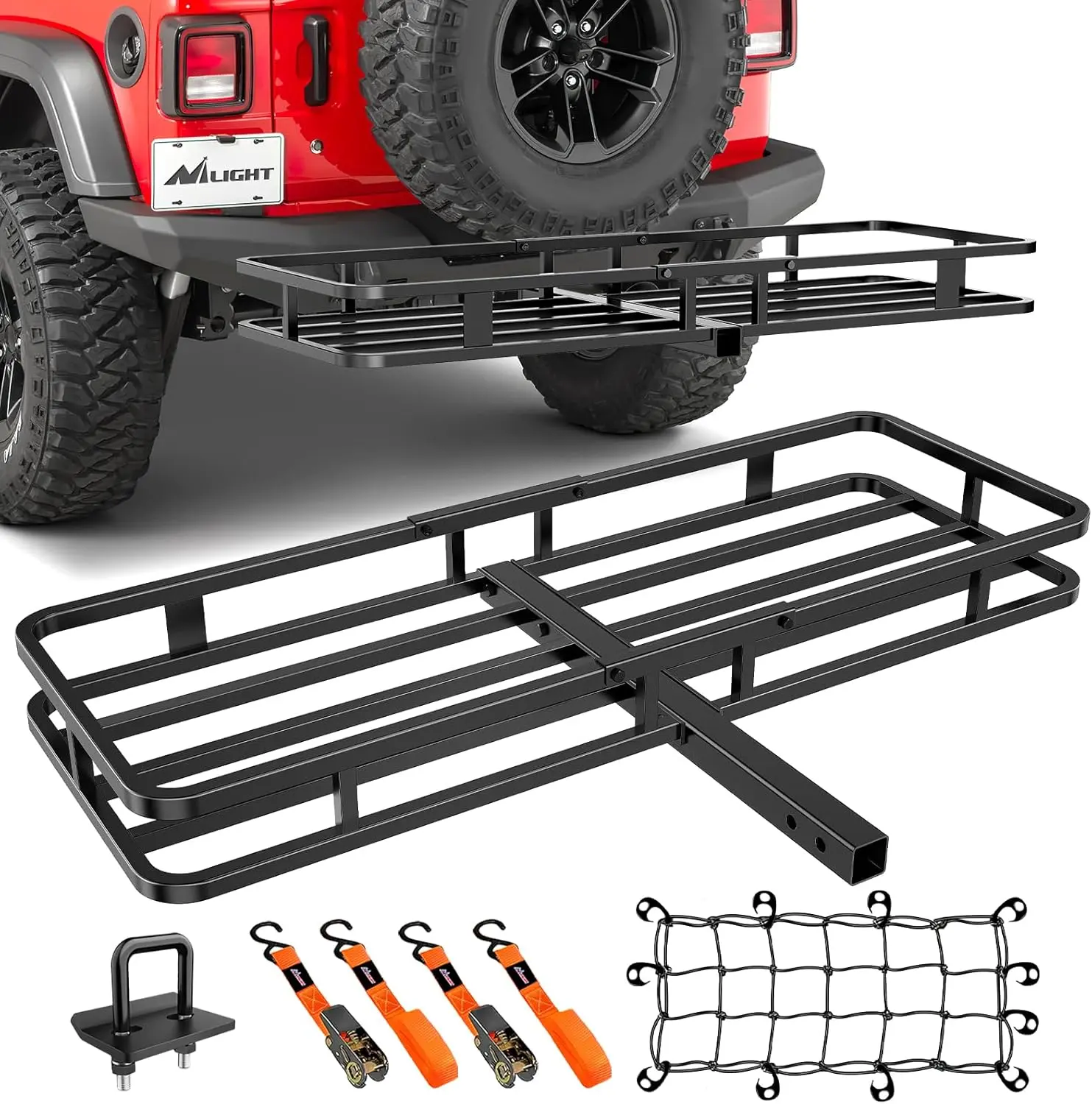 Nilight Metal Hitch Cargo Carrier, 53x19x4in - 2-Inch Hitch Receiver Fit, 500 Lbs Capacity - Includes Net, Ratchet Straps, Stabilizer for SUV, Pickup - Car Accessories