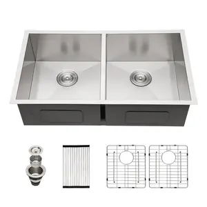 Sarlai 33 x 19 Inch Undermount Kitchen Sink 50/50 Double Bowl Undermount Kitchen Sink 16 Gauge Stainless Steel Kitchen Sink