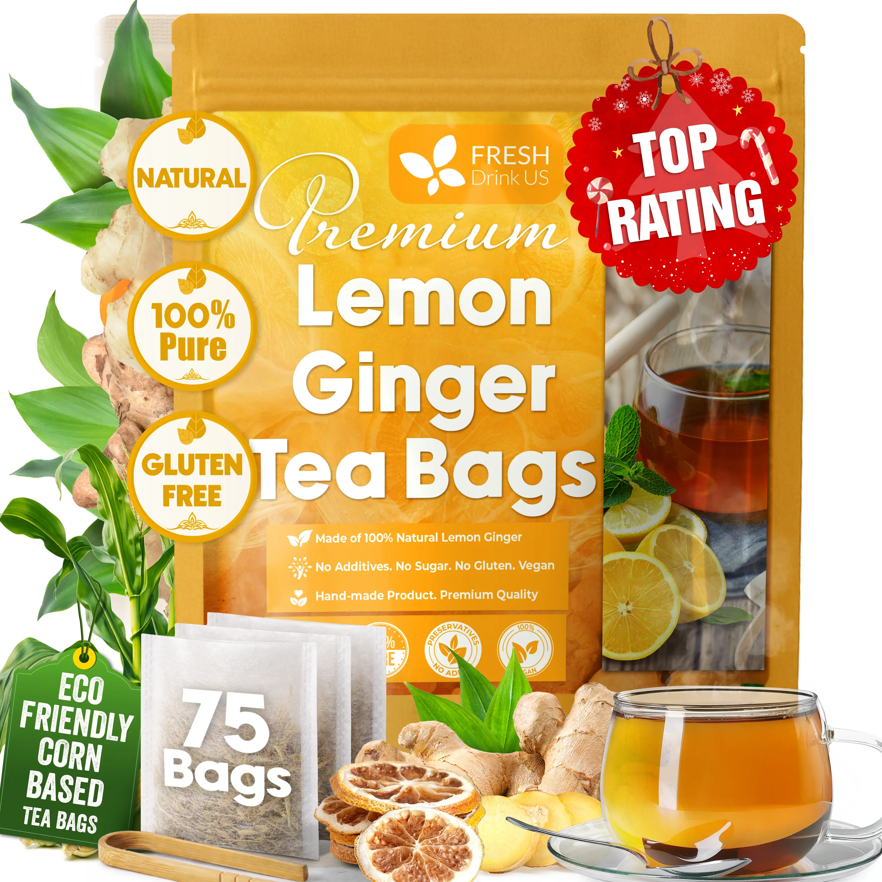 【FreshDrinkUS】 Premium 75 Lemon Ginger Tea Bags, 100% Natural Ingredients, Hand-made Blend of Lemon and Ginger Flowers, Eco-conscious Tea Bags. Lemon Ginger Herbal Tea. No Sugar, No Caffeine, No Gluten, Vegan. tea blends