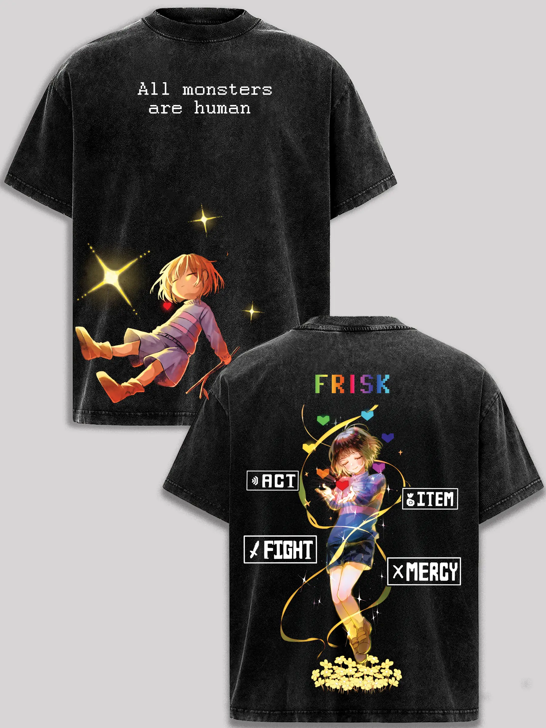 Frisk Undertale Vintage Washed T-Shirt Retro Gaming Graphic Oversized Heavyweight Cotton Black Tee