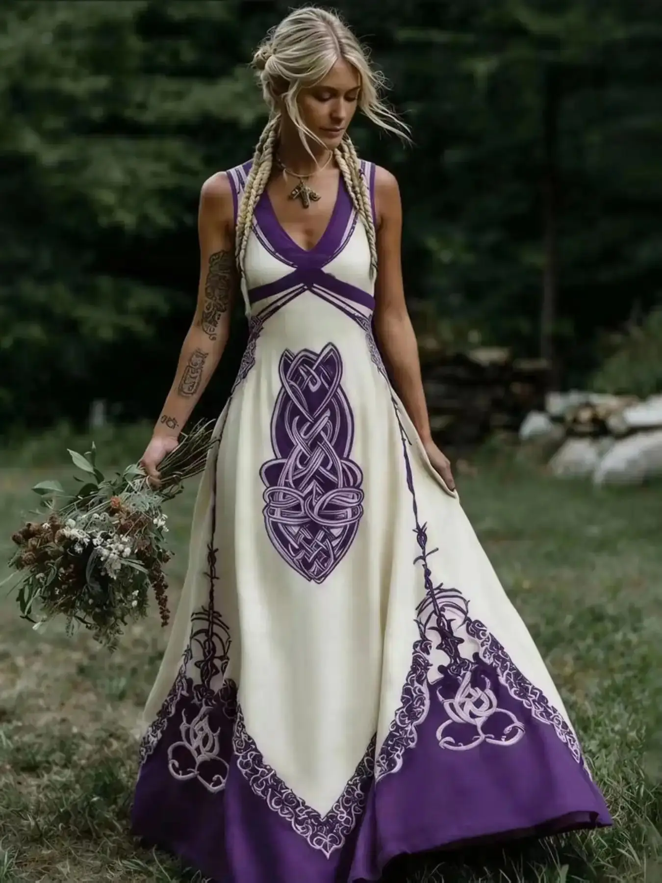 Vintage Celtic Knot Long Dress Bohemian Boho Sleeveless V Neck Gown Loose-Fitting All over Print Larp Renaissance Festival Womens Relaxed wear summer staple easy care timeless piece party essential seasonal musthave, good quality