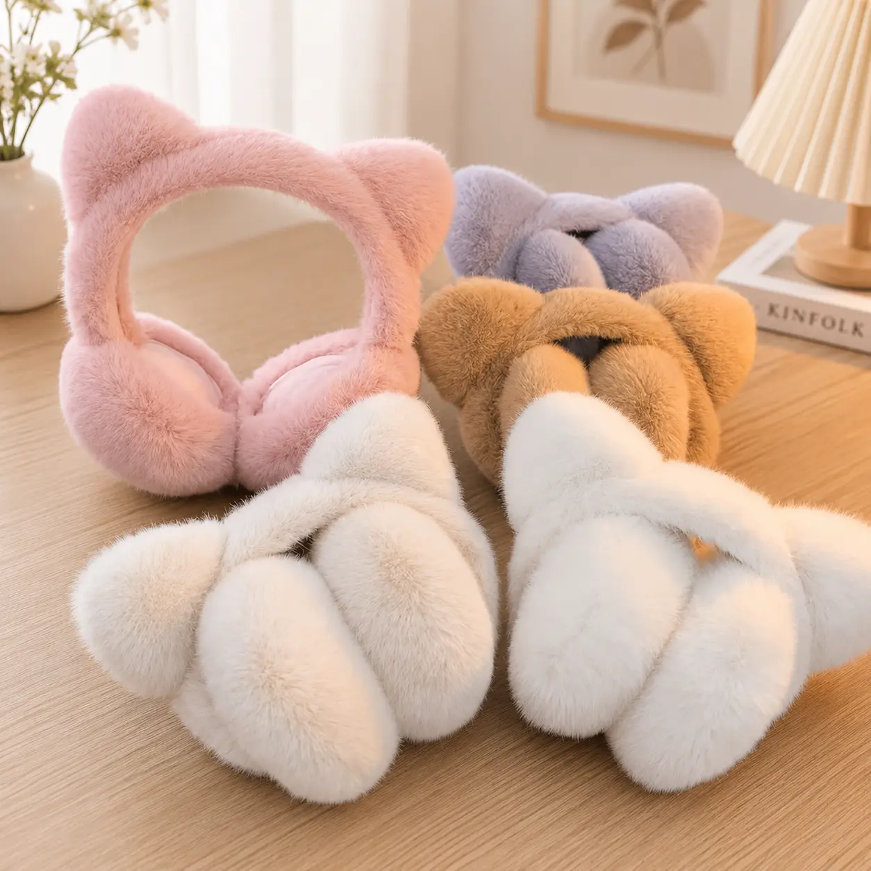 Cute Cat Earmuffs for Women & Girls - Warm Plush Windproof Ear Covers, Retractable Foldable Winter Ear Warmers