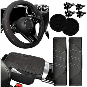 10PCS Car Interior Accessories Sets,Steering Wheel Cover, Seat Belt Cover Pads, Center Console Cover,Cup Holder Coasters,Air Vent Decorative Clip(Black)