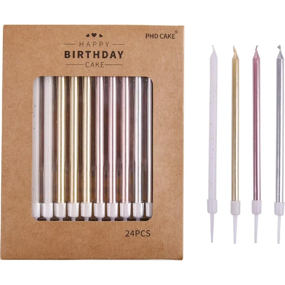 Elegant Tapered Thin Long Cake Candles with Holders - Gold, Silver, Rose Gold, White - Festive Cake Decorations for Birthday Parties, Baby Shower, 24Pcs