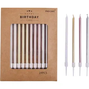 Long Birthday Candles in Holders-Gold, Silver, Rose Gold, White - Cake Candles for Birthday Parties, Wedding Decorations and Celebrations