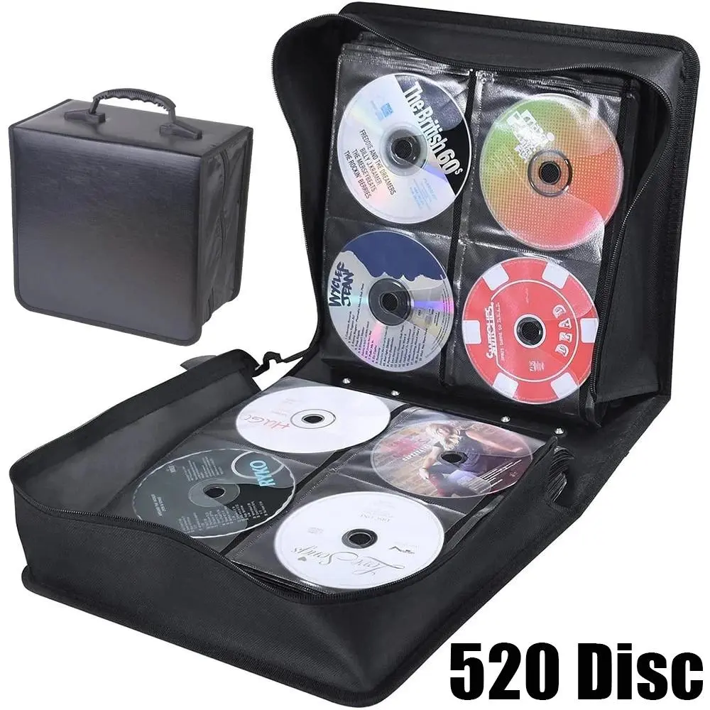 Black CD DVD Storage Wallet Bag Holds 520 Discs, PU Leather Construction, Zipper Secure Closure, Large Capacity Organizer for Movies Music Game Discs Smooth