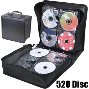Black CD DVD Storage Wallet Bag Holds 520 Discs, PU Leather Construction, Zipper Secure Closure, Large Capacity Organizer for Movies Music Game Discs