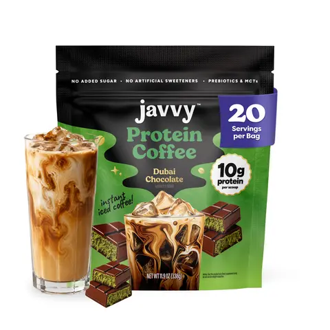 Javvy Dubai Chocolate Protein Iced Coffee - Premium Whey Protein & Instant Iced Coffee - 100% Natural Cold Brew, 80 mg Caffeine, 0 Artificial Flavors & Sweeteners, No Added Sugar, 20 Servings
