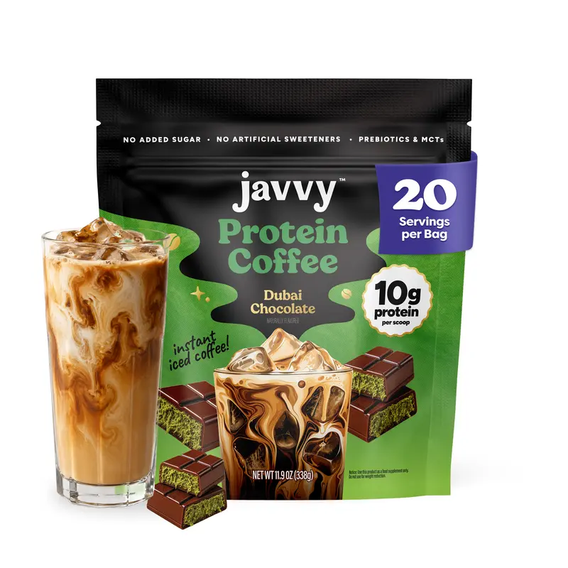 Javvy Dubai Chocolate Protein Iced Coffee - Premium Whey Protein & Instant Iced Coffee - 100% Natural Cold Brew, 80 mg Caffeine, 0 Artificial Flavors & Sweeteners, No Added Sugar, 20 Servings